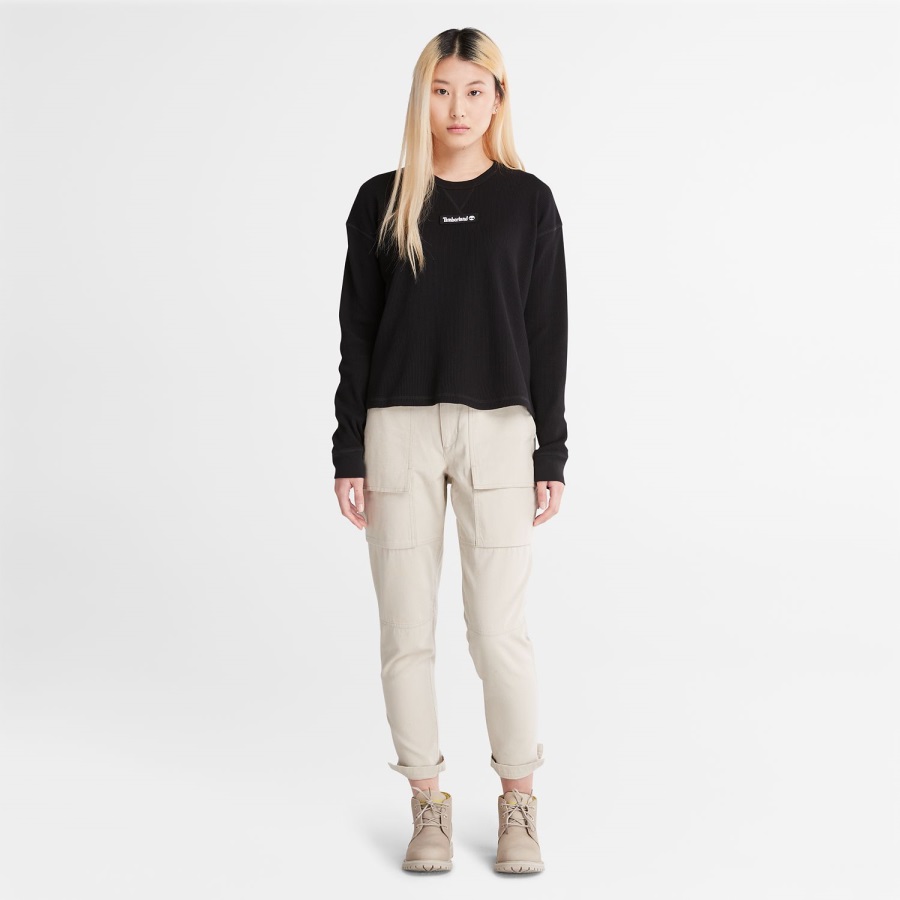Black Women's Waffle-Knit Relaxed-Fit Sweatshirt Timberland Ireland