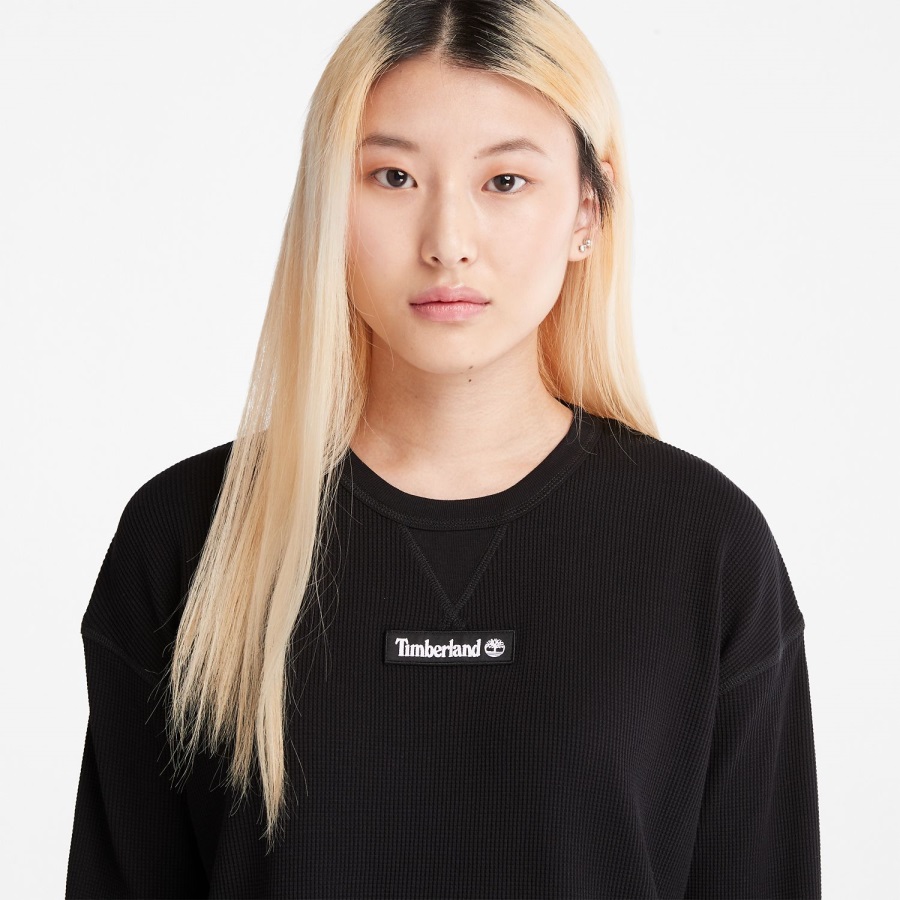 Black Women's Waffle-Knit Relaxed-Fit Sweatshirt Timberland Ireland