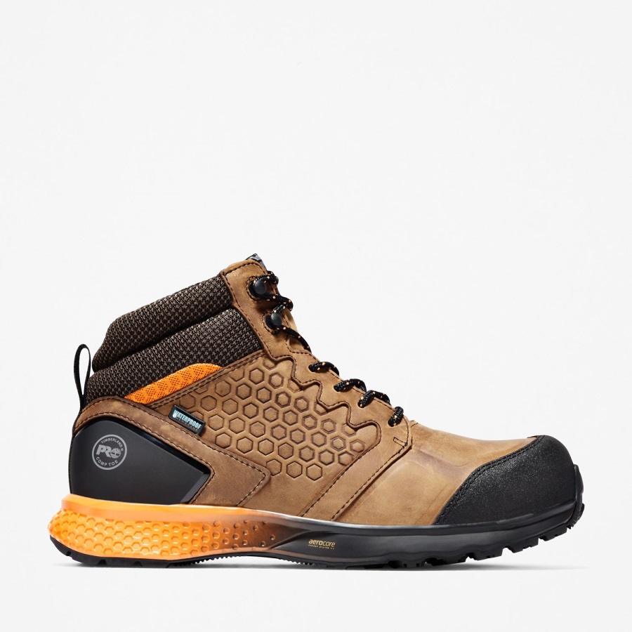 Brown Full-Grain/Orange Timberland Ireland Men's Reaxion Composite Toe Waterproof Work Sneaker