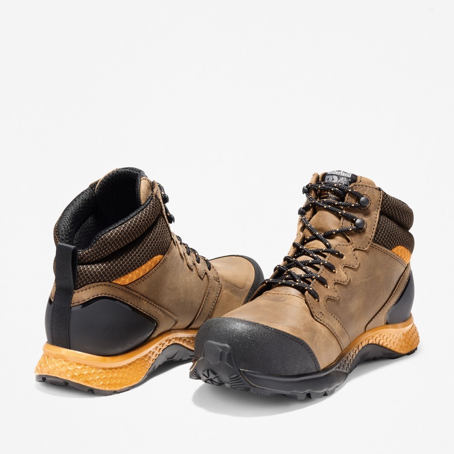 Brown Full-Grain/Orange Timberland Ireland Men's Reaxion Composite Toe Waterproof Work Sneaker