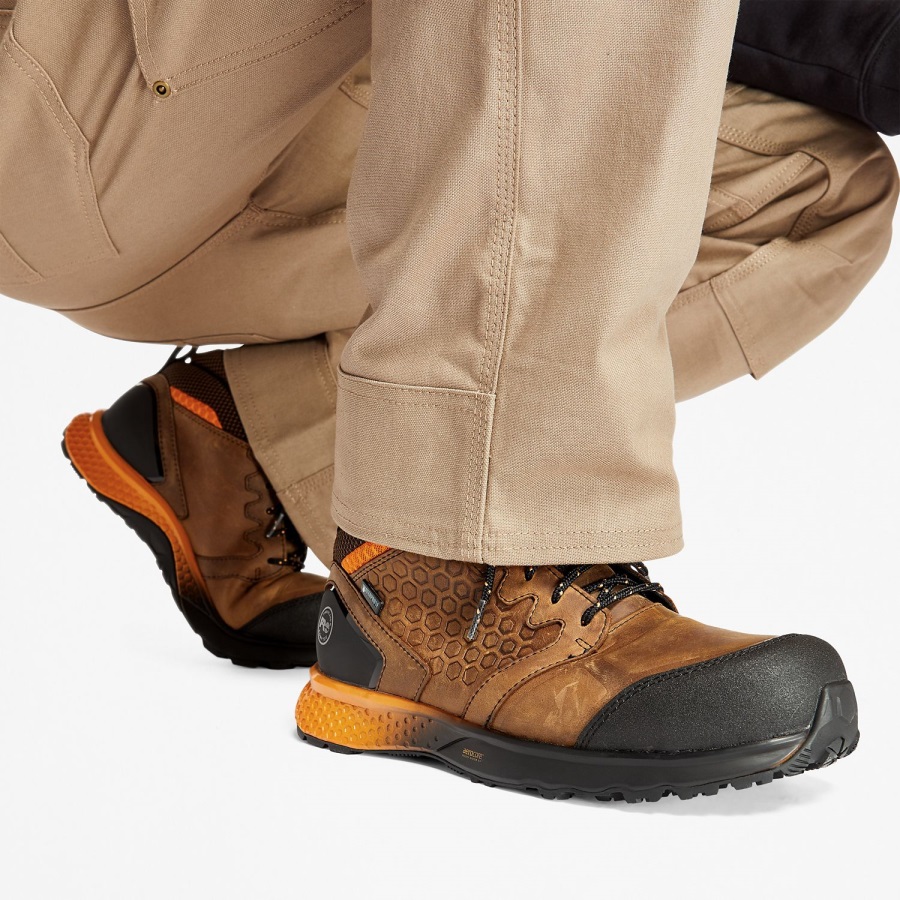 Brown Full-Grain/Orange Timberland Ireland Men's Reaxion Composite Toe Waterproof Work Sneaker