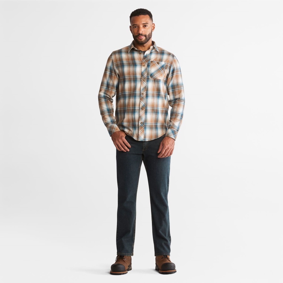 Men's Pro Woodfort Midweight Flannel Work Shirt Brown Plaid Timberland Ireland