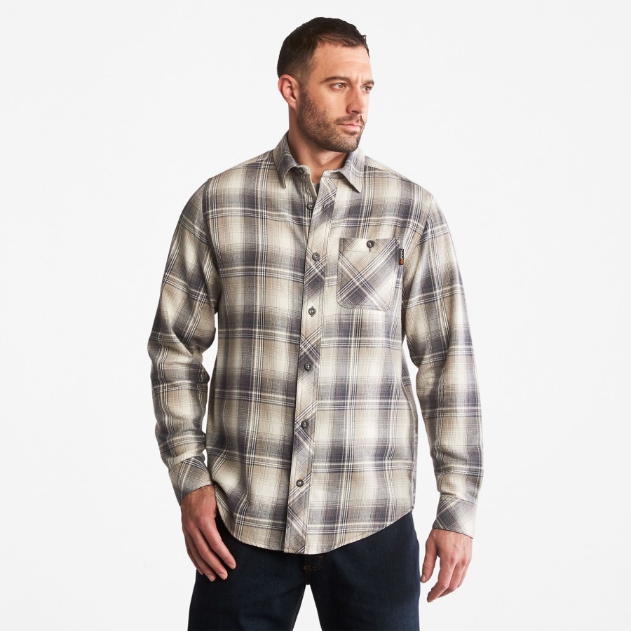 Men's Pro Woodfort Midweight Flannel Work Shirt Grey Plaid Timberland Ireland