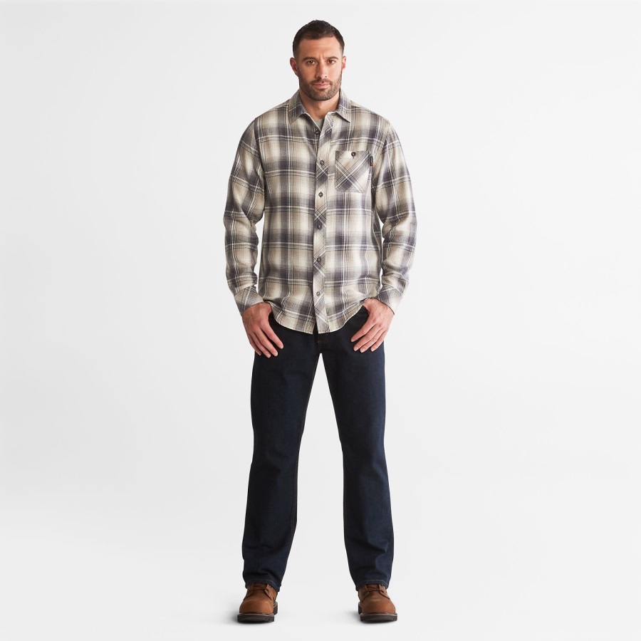 Men's Pro Woodfort Midweight Flannel Work Shirt Grey Plaid Timberland Ireland