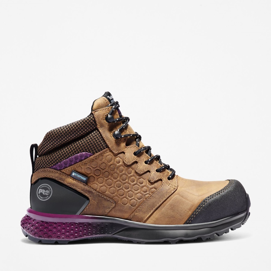 Timberland Ireland Women's Reaxion Composite Toe Waterproof Work Sneaker Brown Full-Grain/Purple