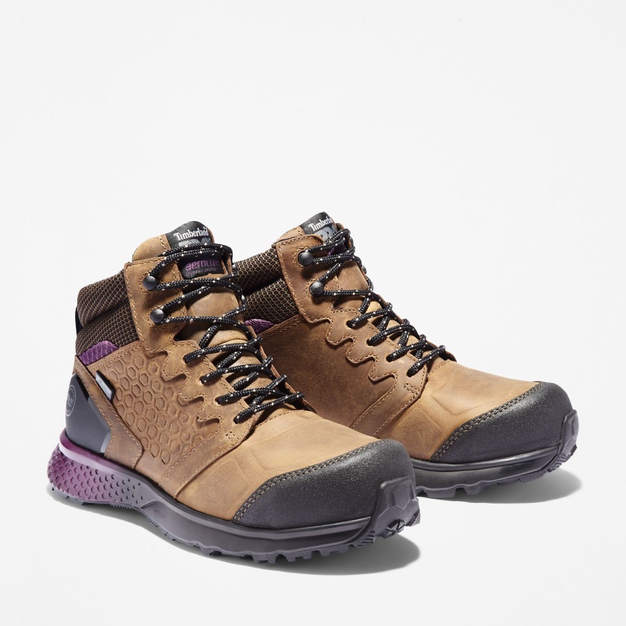 Timberland Ireland Women's Reaxion Composite Toe Waterproof Work Sneaker Brown Full-Grain/Purple